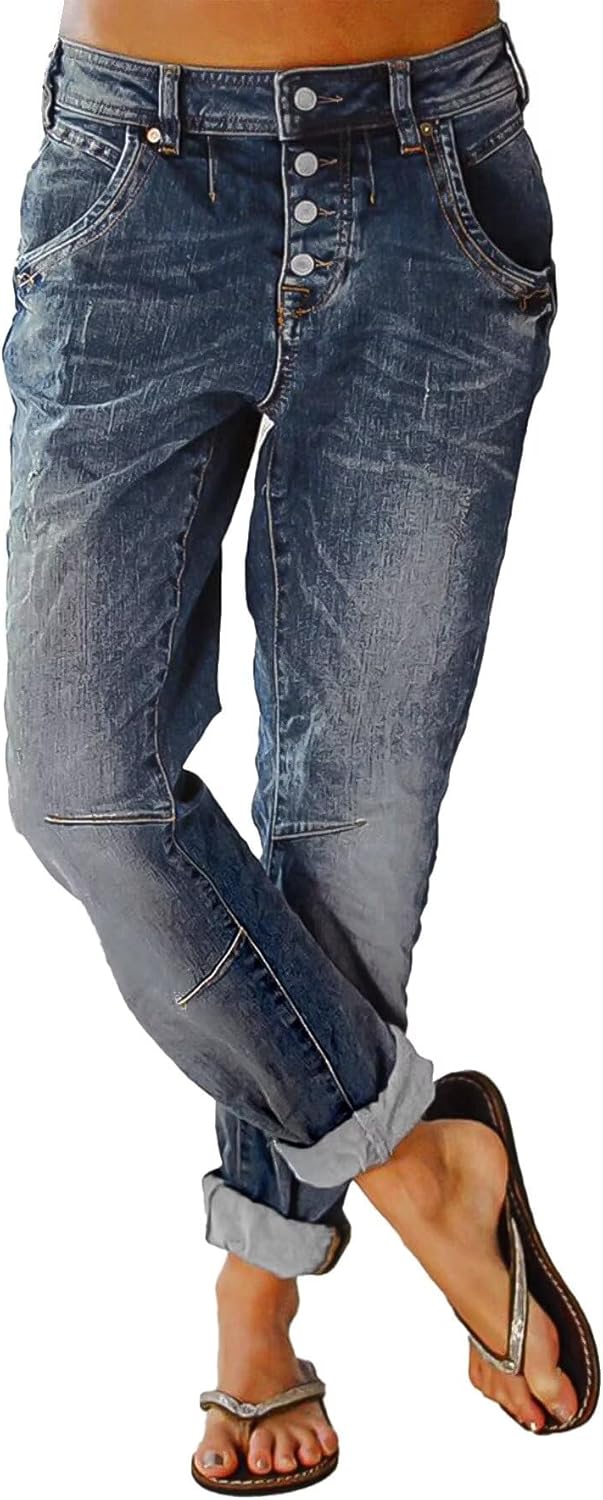 Flamingals Women’s Stretchy Straight Leg Casual Mid Rise Jeans Wash Button Fly Stitch Detail 90s Trendy Denim Jeans