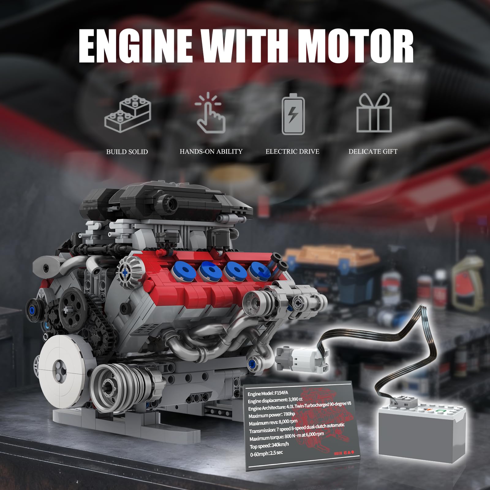Mavo brix Juego de Construcción de Modelo de Motor V8 que Funciona, Kit de Construcción de Motor V8, Kit de Construcción de Modelos para Adultos, Construye tu Propio Modelo Mini de Motor V8 MOC con
