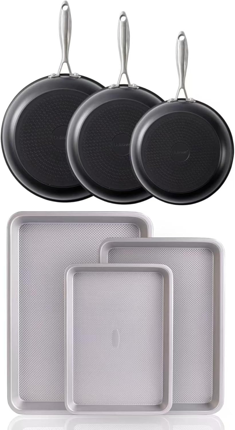 UUKRAVE Nonstick Ceramic Frying Pan Set, Nonstick Cookie Baking Sheet Set of 3, Non-Toxic, PFAS/PTFE/PFOA-Free, Dishwasher & Oven Safe, Silver, Black
