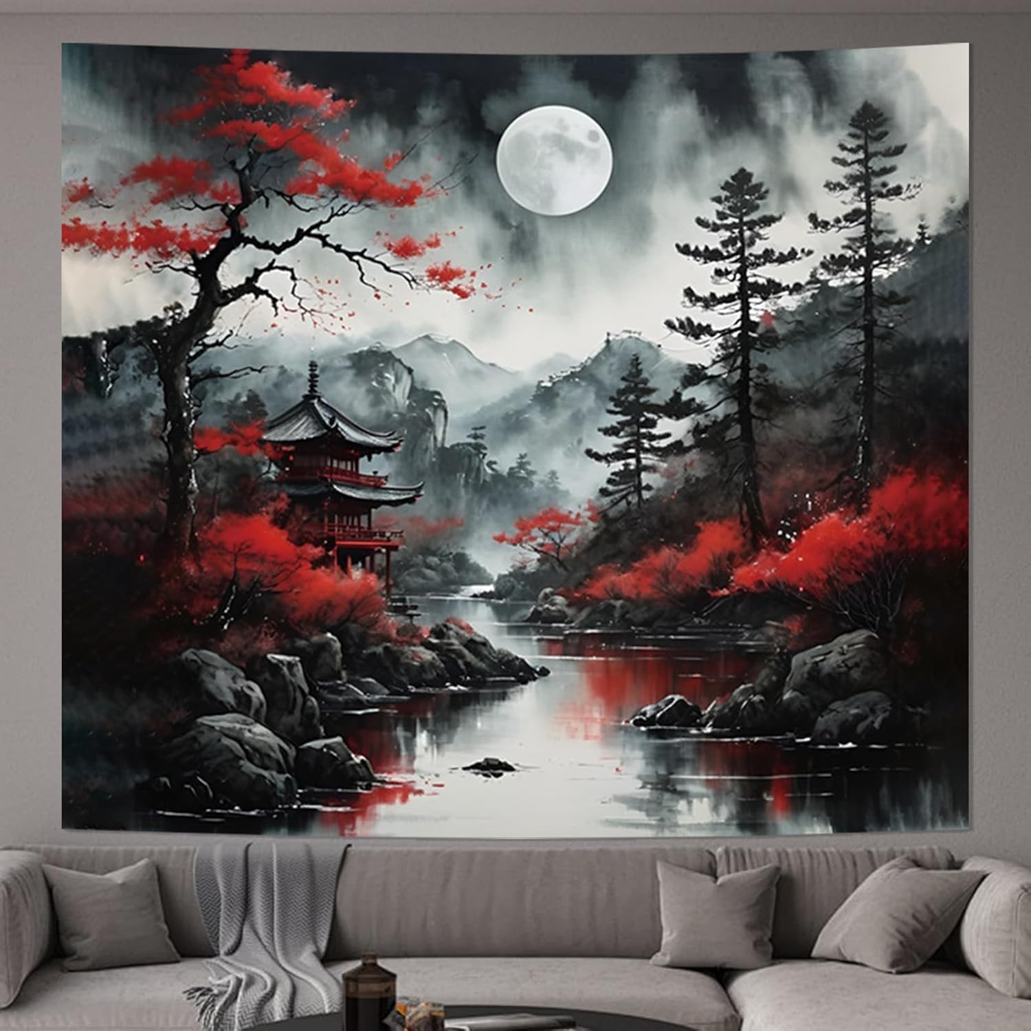 Japanese Wall Art Decor Tapestry for Bedroom, Black and White Anime Posters image 3