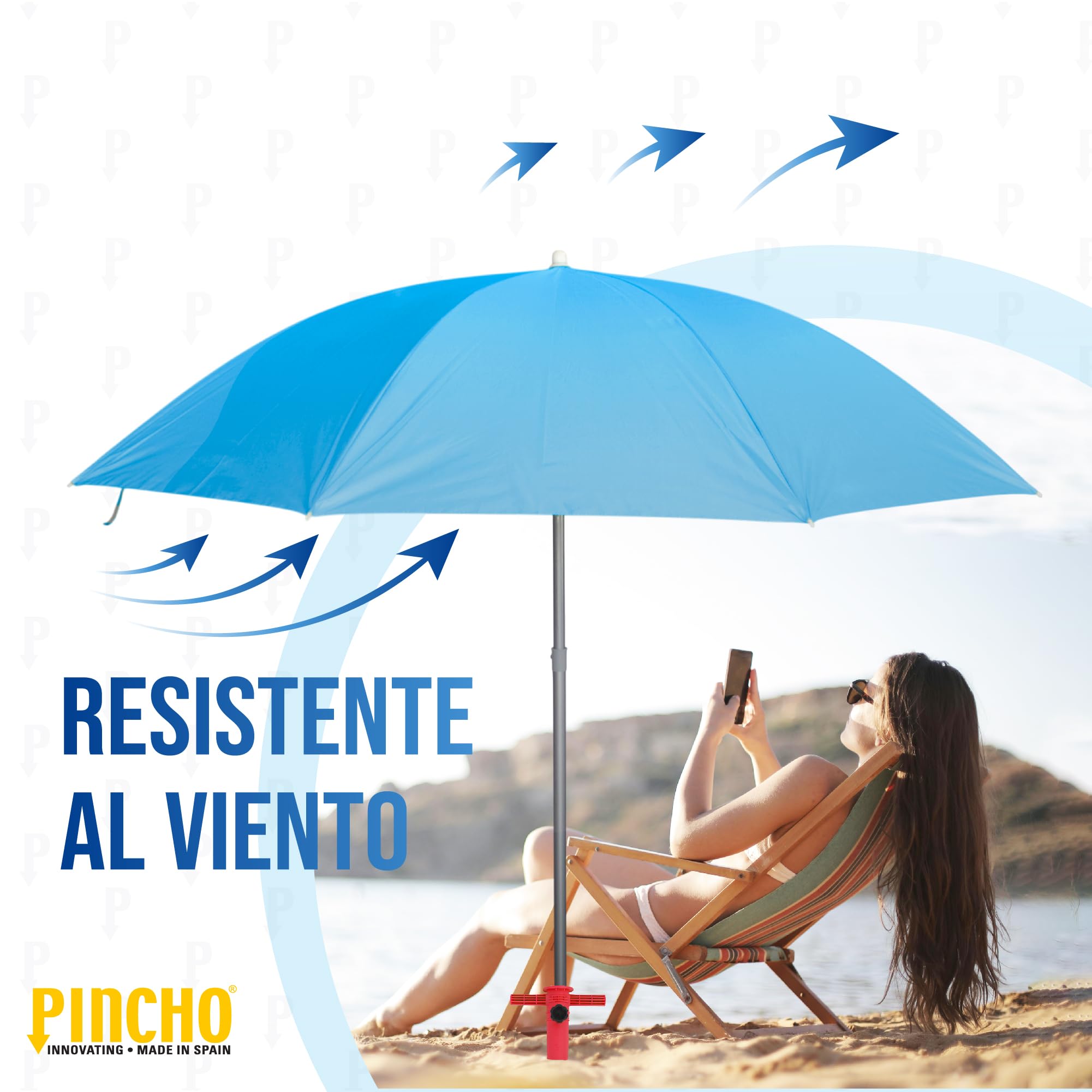 Pincho Grand parasol de plage 200 cm, anti-vent jusqu'à 35 km/h, protection UV 50, aluminium, 8 + 8 baleines, fibre de verre, tube de 28-32 mm, manche inclinable, montage rapide 30 secondes, sac de