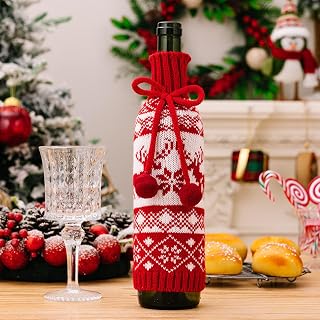 Cute Christmas Sweater Wine Bottle Cover, Reusable Christmas Wine Bottle Covers, Handmade Knit Sequin Cloth Woven Drawstring Champagne Wine Gift Bags for Xmas Dinner Party Table Decorations (3PC_A)