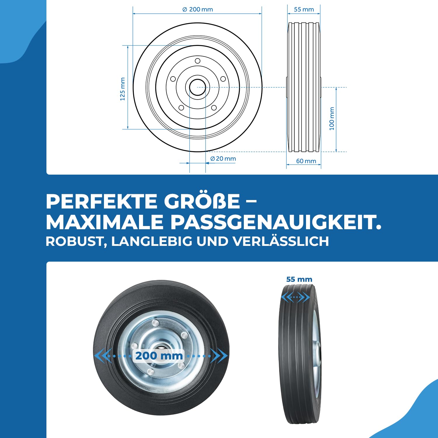 Ruota di scorta per ruotino di supporto 200x50mm in gomma piena su cerchione in acciaio per rimorchi auto e roulotte, portata massima 150 kg Robusto pezzo di ricambio per ruotino di