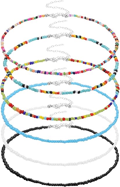 Yolev 6 Pieces Colorful Tiny Seed Beaded Necklace Boho Beads Choker Seed Beaded Choker Necklace Beach Necklace Chain Jewelry for Women Teen Girls