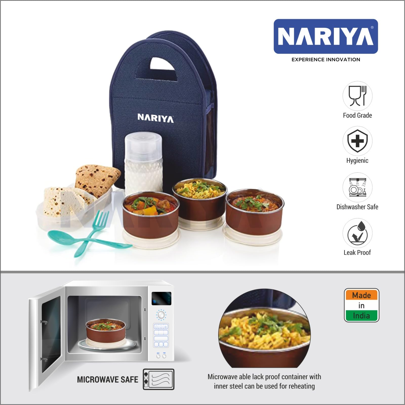 NARIYA Lonchera de acero inoxidable con cazuela, 3 recipientes de acero inoxidable para oficina, caja Tiffin con botella de plástico y cuchara para la universidad, escuela y oficina (1750 ml, azul)