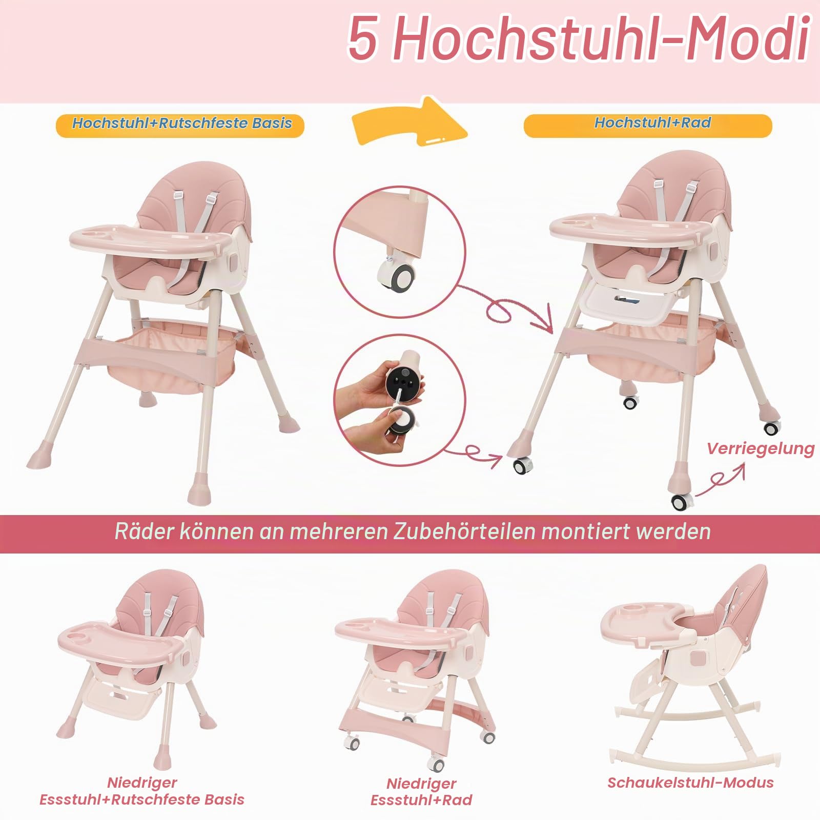 Hochstuhl Baby 3 in 1 Babystuhl Kinderhochstuhl Verstellbar Klappbar Kinderstuhl mit Doppellagigem Abnehmbares Essteller, 3 Position Rückenlehne, 5-Punkt-Sicherheitsgurt, Mitwachsend ab 6 Monate, Rosa