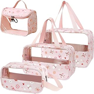 HWSWSH 4 Pack Transparent Toiletry Bag Set,Travel Cosmetic Bag,Clear Skincare Organiser Bag,PVC Cosmetic Makeup Bags,Portable Travel Wash Bag,Big Hanging Toiletry Bags for Women Travelling and Holiday