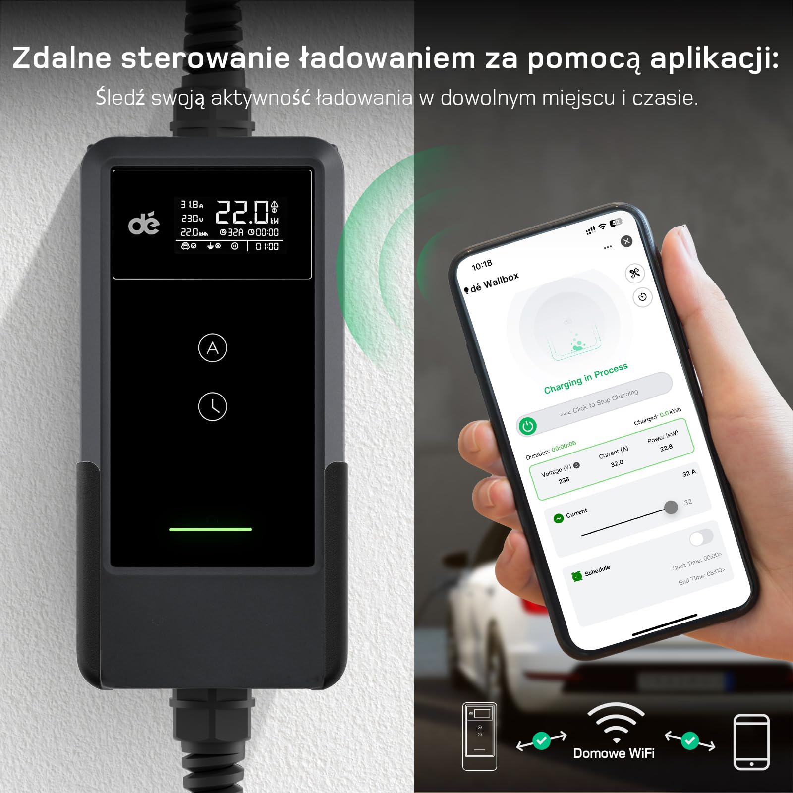 dé Ładowarka Mobilna 22kW, z Aplikacją [3-Fazowa, 7m, 6-32A] z Licznikiem Prądu, Kablem do Ładowania CEE 32A na Typu 2 i Ładowarką EV do modeli Y, E-208, 500e i innych EV/PHEV