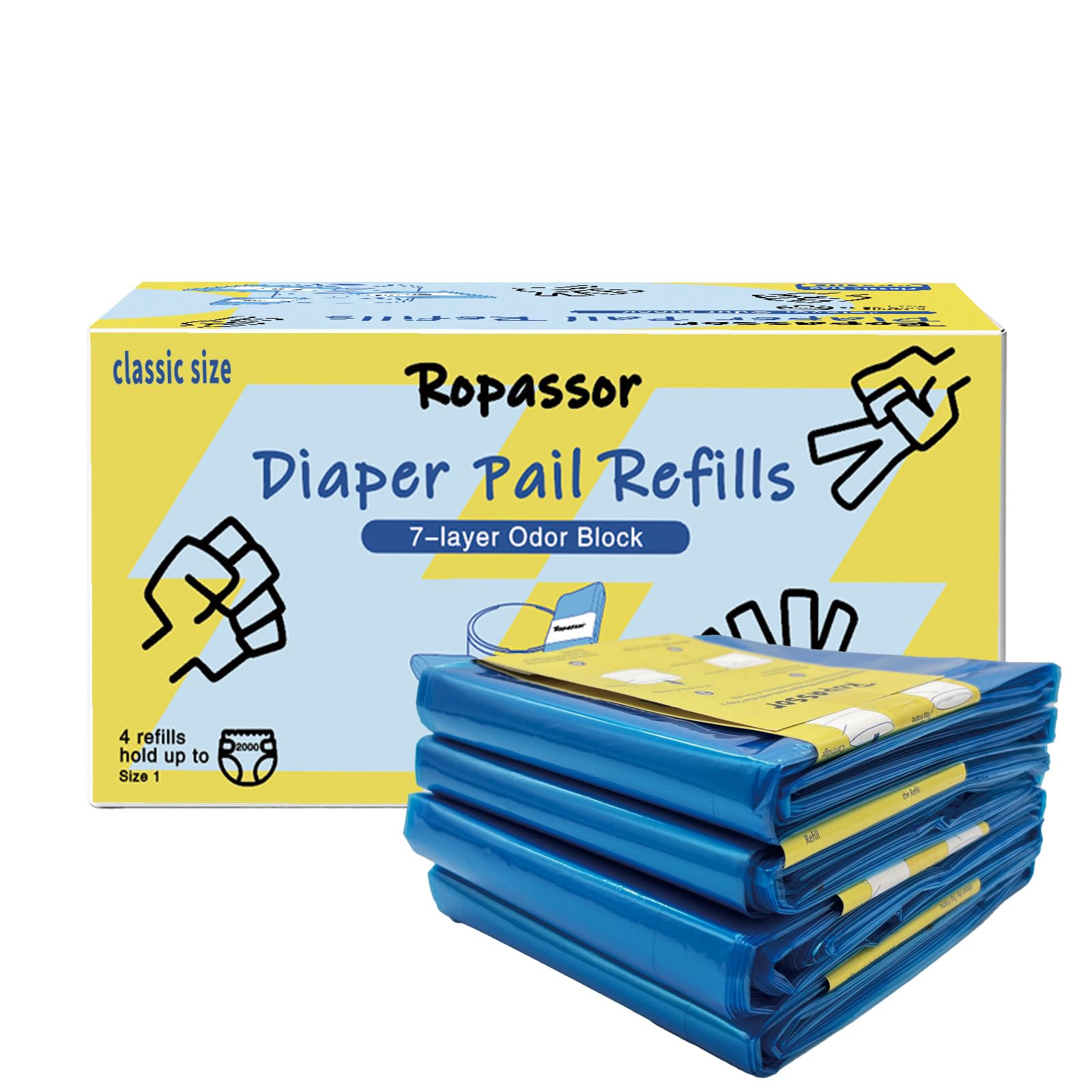 Windeleimer-Nachfüllbeutel für Windeldekor, klassischer Windeleimer, 2000 Stück, 4 Packungen, 7-lagiger Geruchsschutz, 30 % extra dick, Einweg-Windel-Müllbeutel, Baby-Essentials