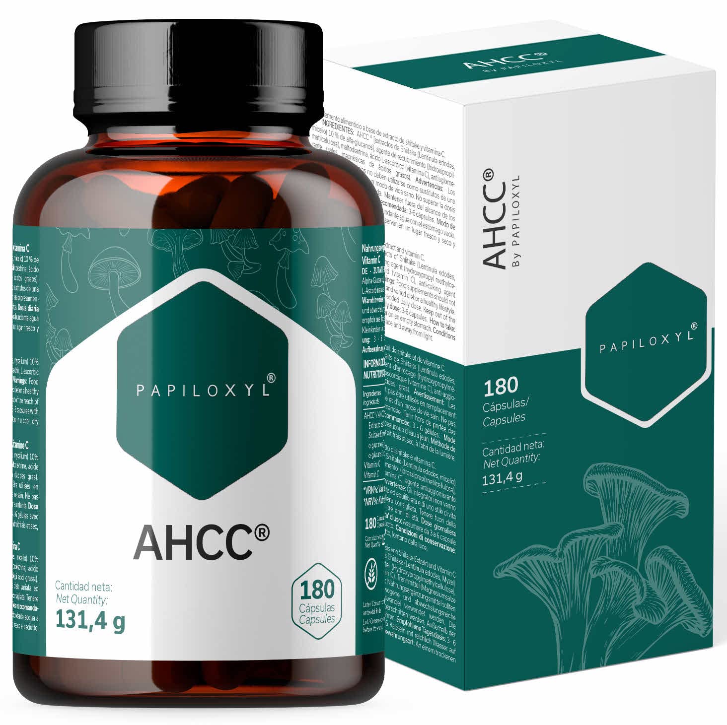 AHCC par Papiloxyl - 180 Gélules, 500 mg par Capsule, Culture Liquide Brevetée de Lentinula Edodes (Shiitake), Fabriqué au Japon par Amino Up, Sans Gluten