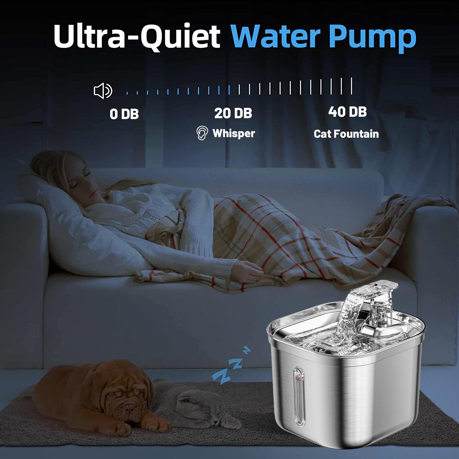Fontanella per Cani Gatti 2 L Automatica Ultra-Silenziosa con Sensore,Fontana in Acciaio Inox per Gatti E Cuccioli,Distributore D Acqua per Gatti,Finestrini A Livello dell'Acqua