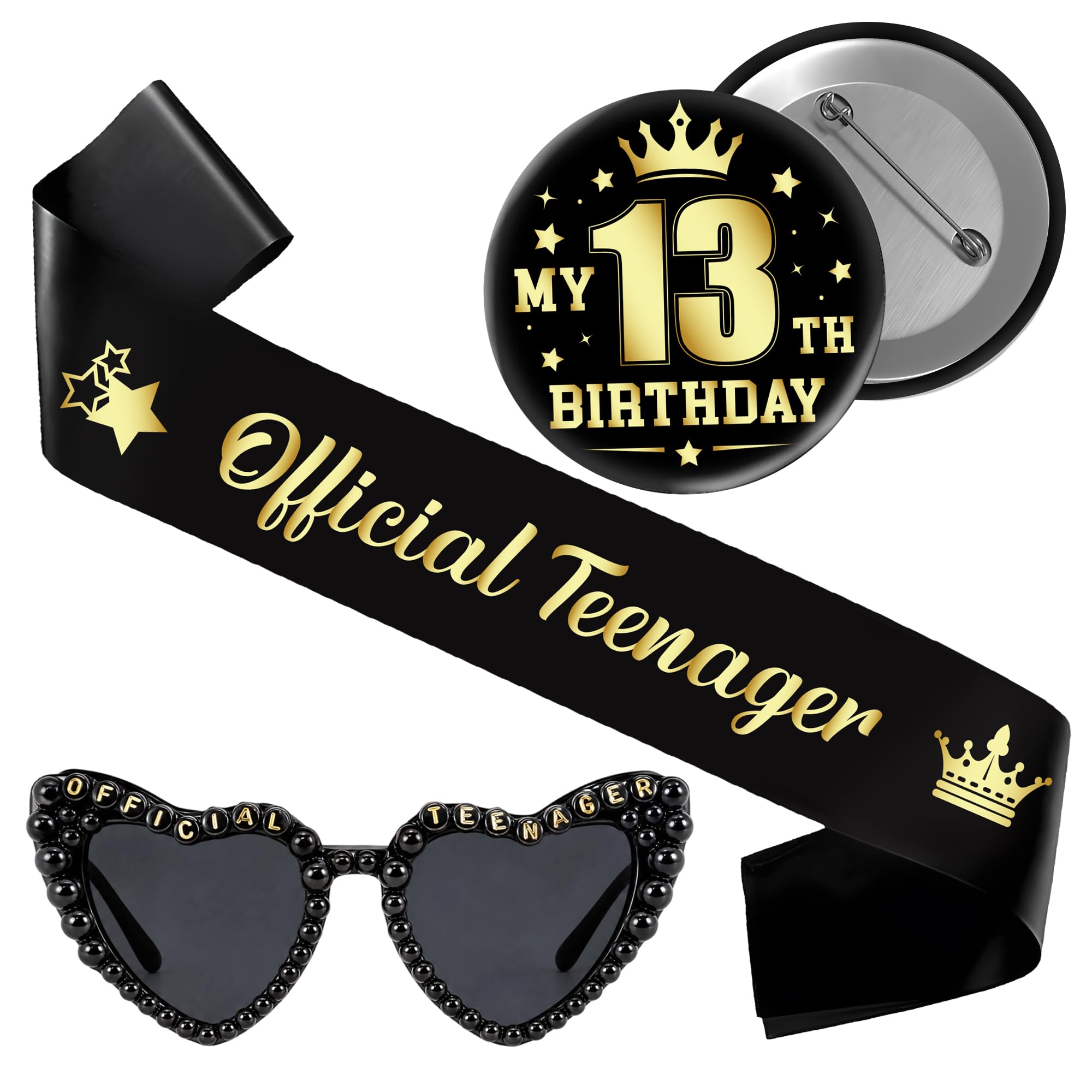 13th Birthday Sash Badge Sunglasses - 3 Pcs Black Gold Official Teenager Sash My 13th Birthday Badge Official Teenager Sunglasses for Girls 13 Birthday Decorations Gifts Accessories Photo Props