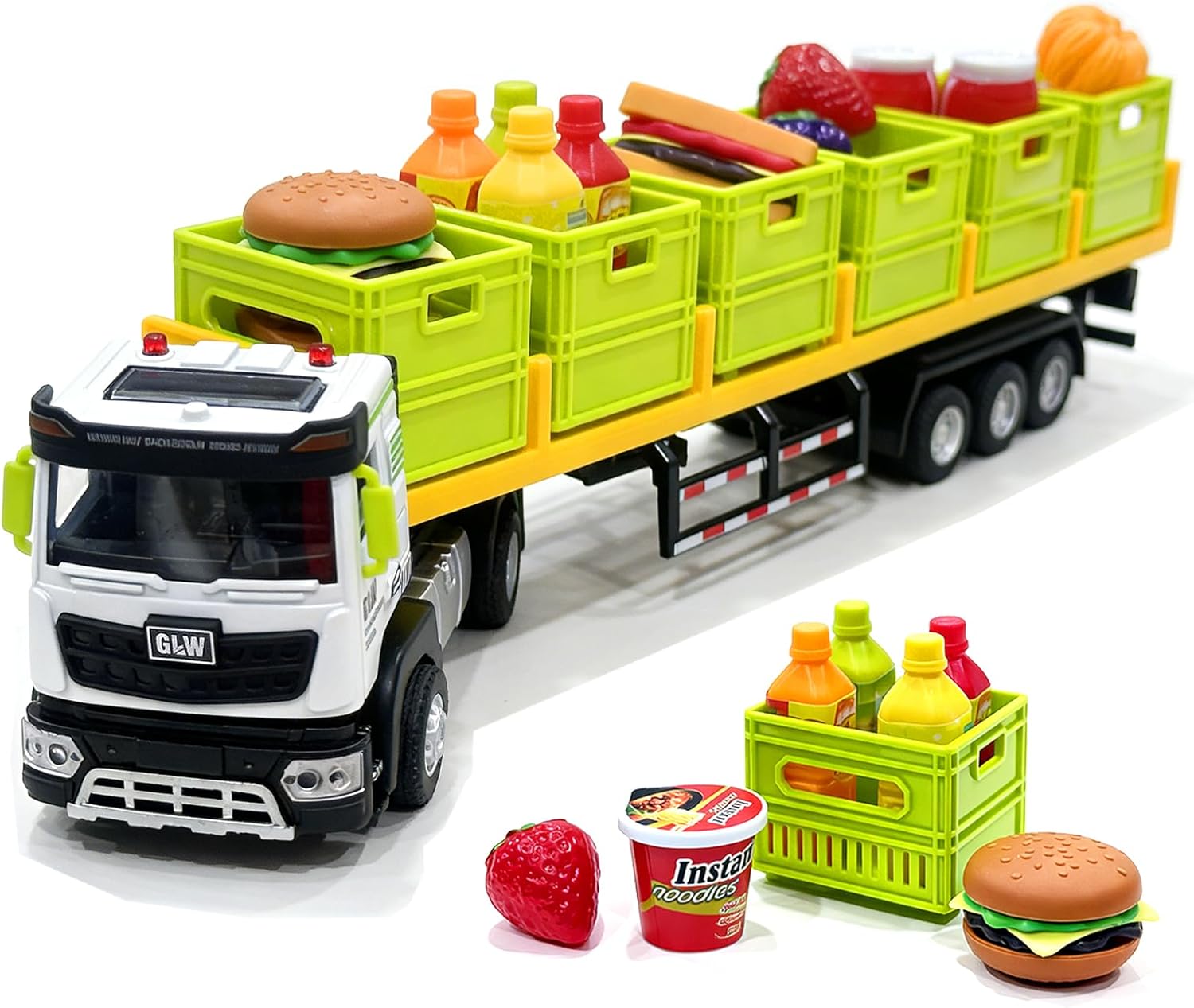 Food Transport Truck Toy for Age 3-8 Kids – Alloy Vehicles Head 1:40 Goods Trailer with Cargo Box and Food Model, Lights & Sounds (Large Transport Truck Green)