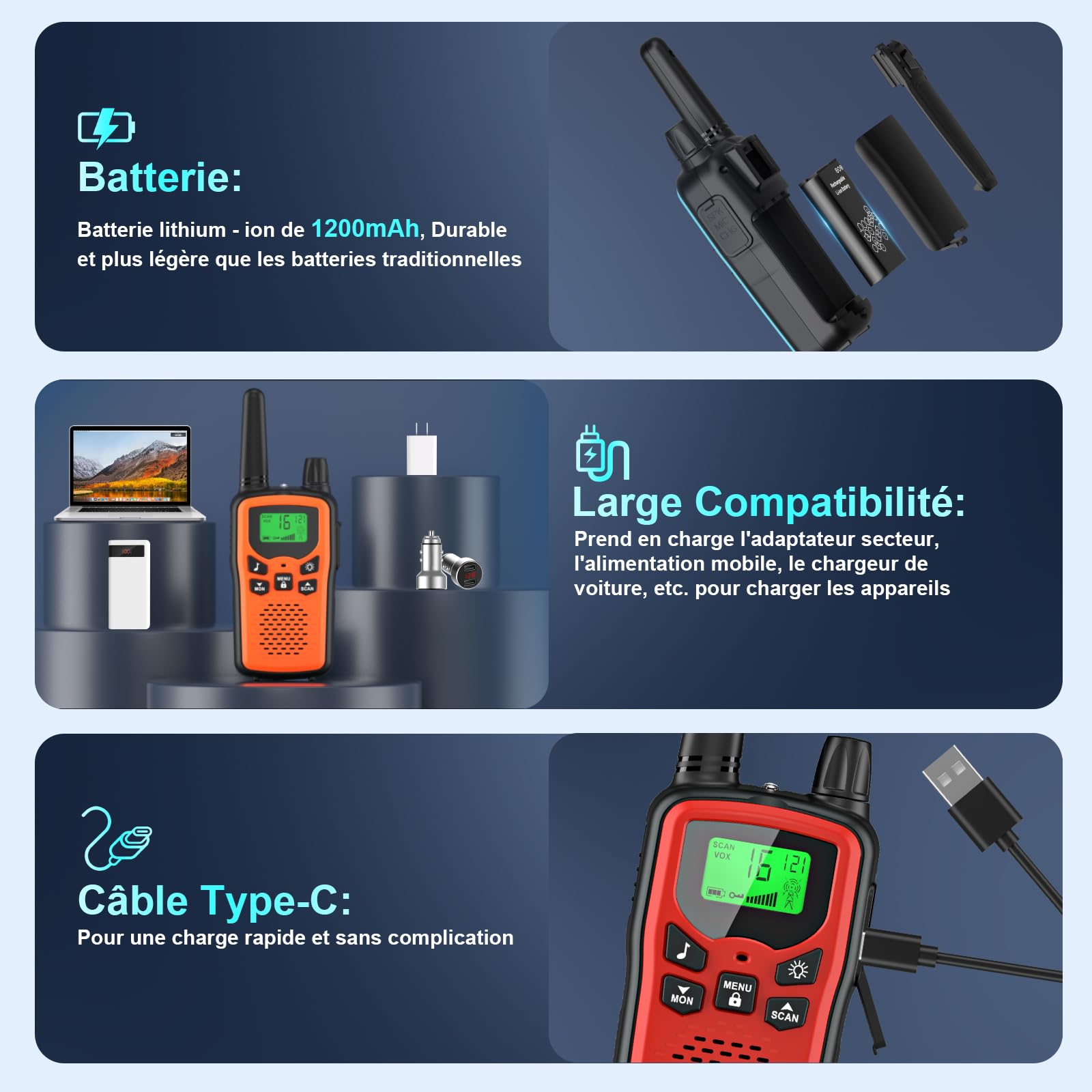 Lot de 3 Talkies-Walkies Rechargeables pour Enfants et Adultes - Radio Rabigala 16 Canaux, Portée de 5 km - Talkie-Walkie avec Batterie Li-ION, VOX, Lampe de Poche LED et Écran LCD