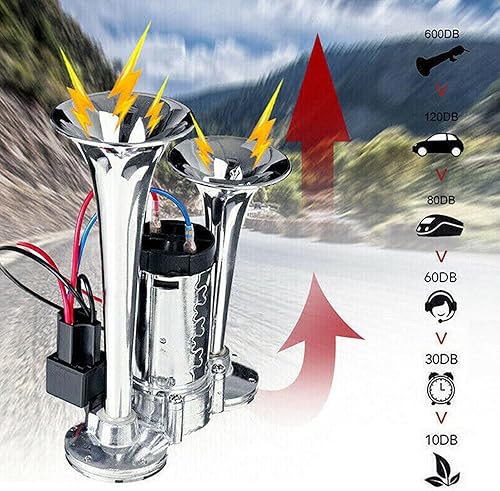 Miniatura 4 de Kit de bocina de aire de tren de camión de 12 V, 600 DB, trompetas duales, súper fuerte, kit de bocina de aire para coche eléctrico con compresor