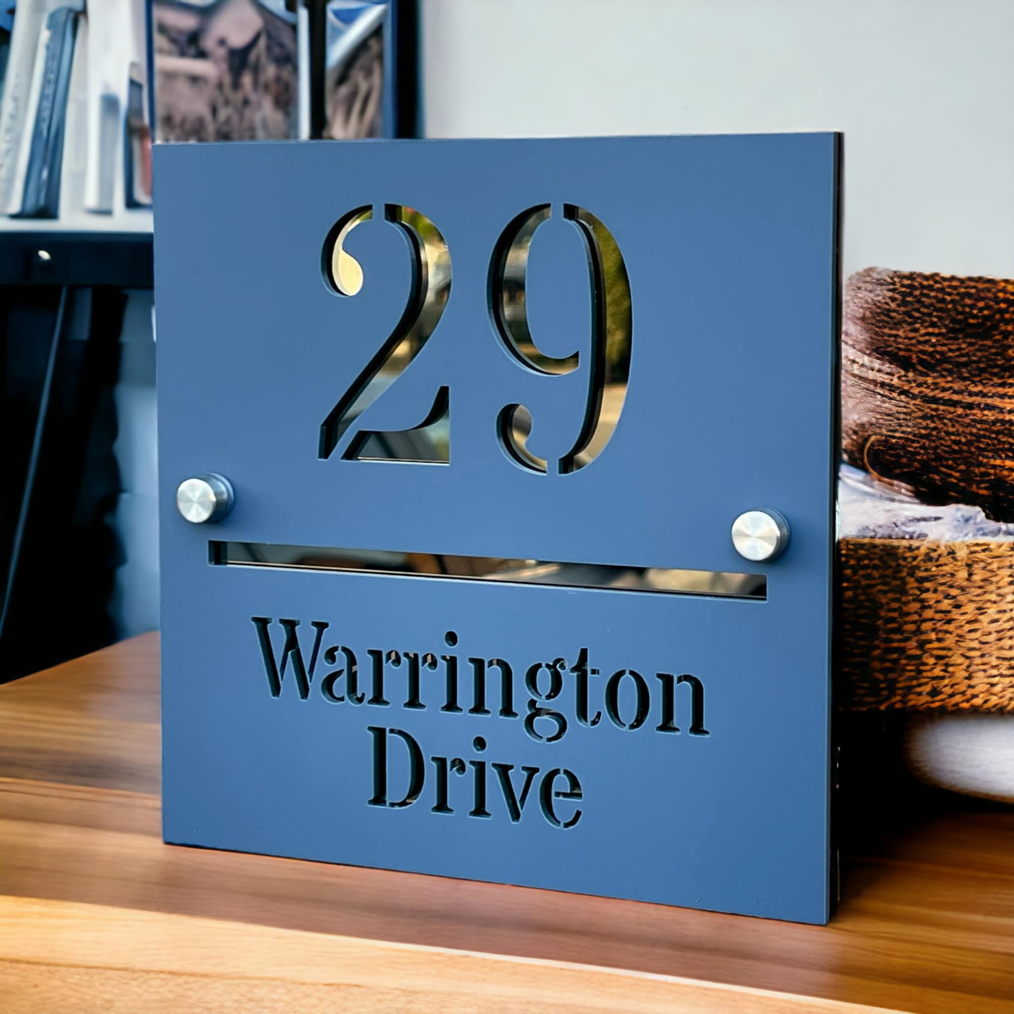 Contemporary House Sign Address Door Number Plaque Signs (Matt Denim Blue Finish) Laser Cut for 3D Effect (Denim Blue & Bronze)