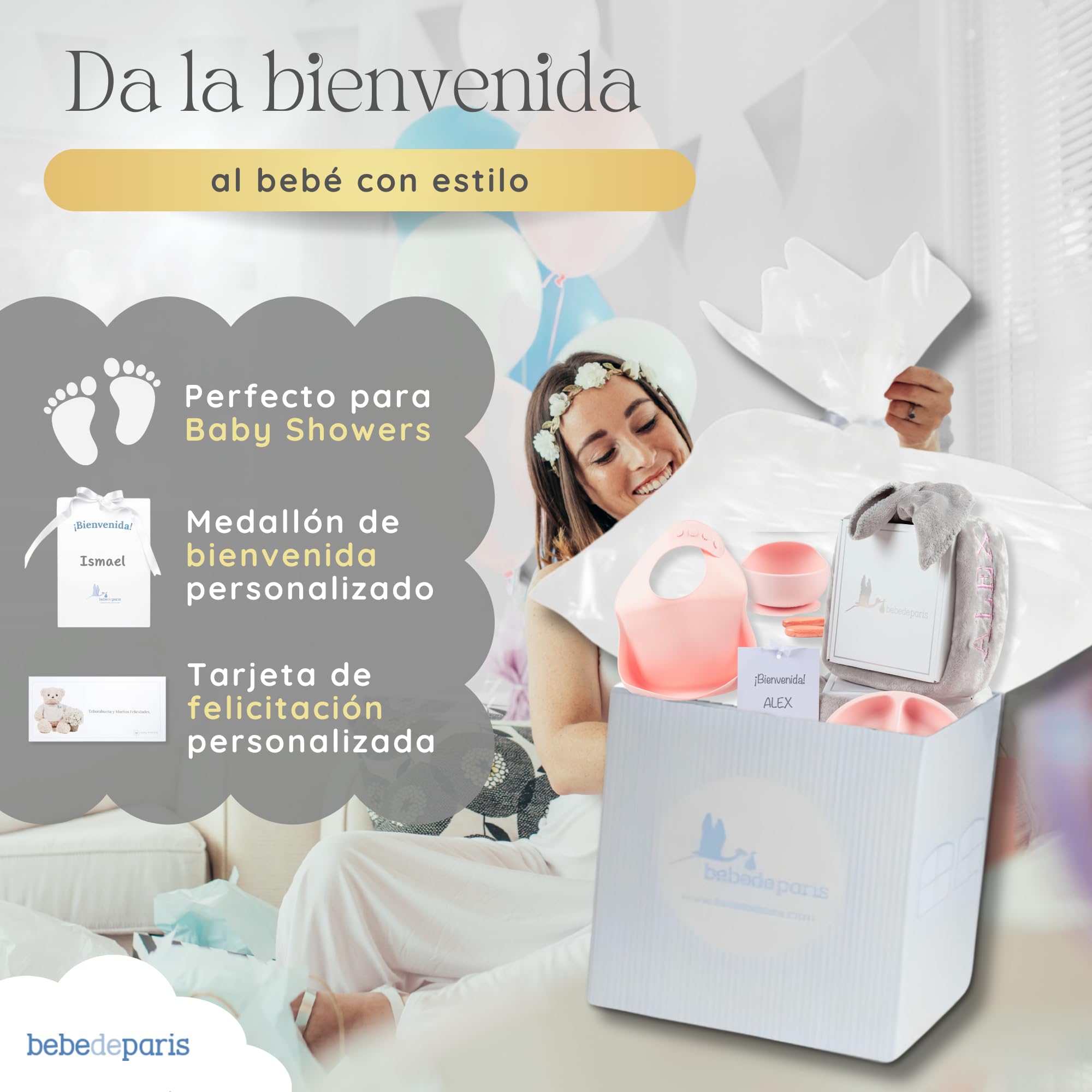 Bestickte Decke mit Namen und Geschirr aus Silikon, umweltfreundliches Geschenk für Babys, Geschenkset für Jungen und Mädchen (Geschirr + Decke, Rosa) | BebeDeParis