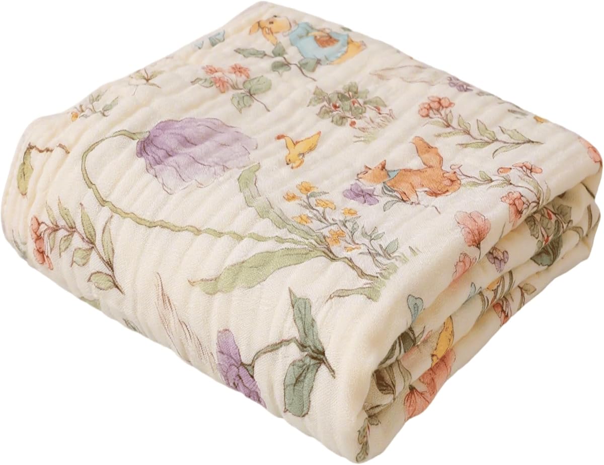 6-Layer Muslin Baby Blanket, Organic Cotton Blend (Garden, 43x43) | 43x43 Inches, Shape-Retaining Interlocking Weave, Toddler Crib Quilt, Woodland Garden Neutral Gift, Kraft Gift Box