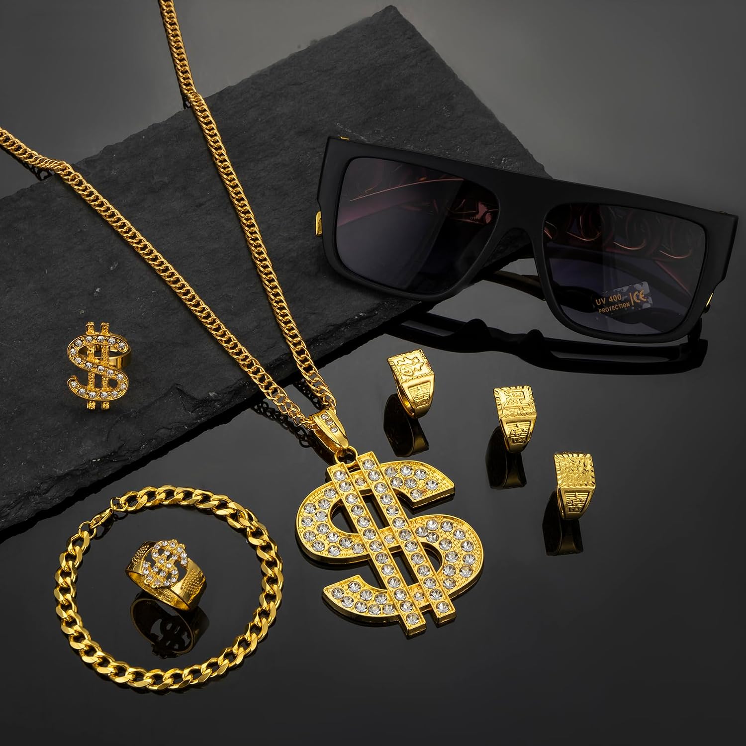 GIFIKOI 80s 90s Hip Hop Costume Outfit Kit Fake Golden Bracelet Dollar Sign Necklace Kanji Ring Sunglasses Rapper Costume Accessories Set