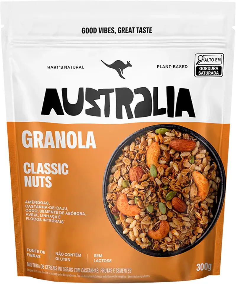Hart's Natural Granola Australia Classic Nuts | Granola Sem Glúten, Sem Lactose, Vegano | 100% Natural | Alto em Fibras | Snack Saudável | 300g