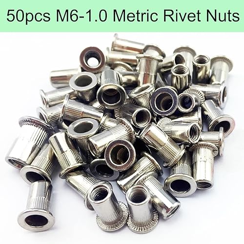 Miniatura 3 de HanTof - Tuerca de remache, 50 piezas métricas M6 de acero inoxidable de cabeza plana, tuerca de inserción roscada, cuerpo moleteado (M6-1.0), para