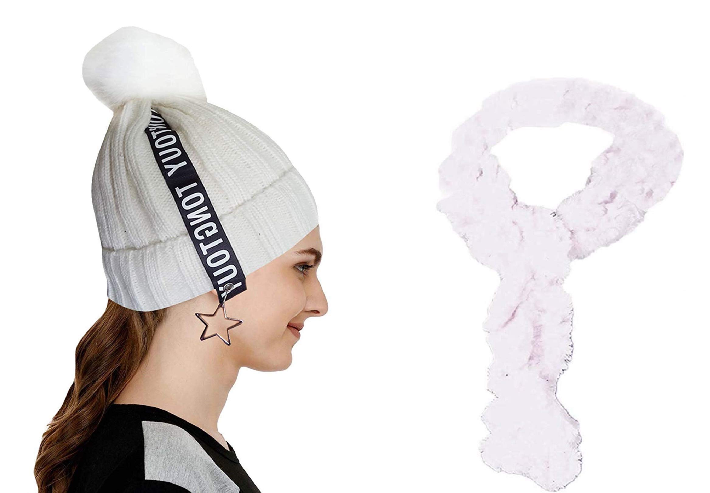 Women's Scarf Hat Set Winter Warm Solid pom pom Cap with Fur Scarf (White, Freesize) (Pack of 02)-image-20