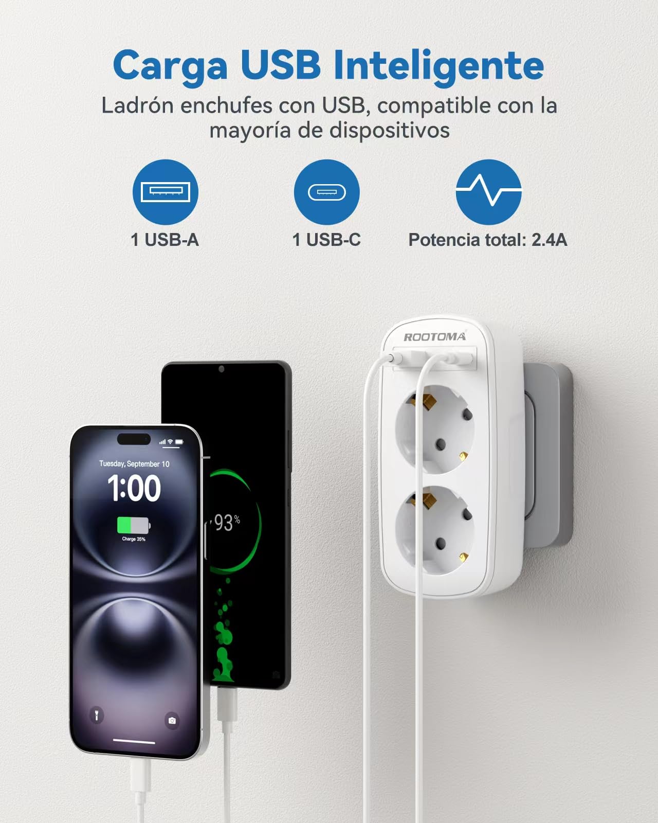 Ladrón Enchufes 4 en 1 con USB-A y USB-C, Enchufe Doble para Pared, Compacto para Familia, Cocina y Oficina, Blanco, 4000W/16A — view 3