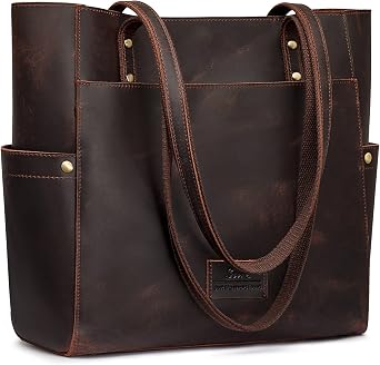 S-ZONE Leather Tote Bag for Women Large Work Handbag with a Removable Pouch | Top Grain Leather, Genuine Leather, Multi Pockets, Retro Shoulder Purse, Work Travel Everyday