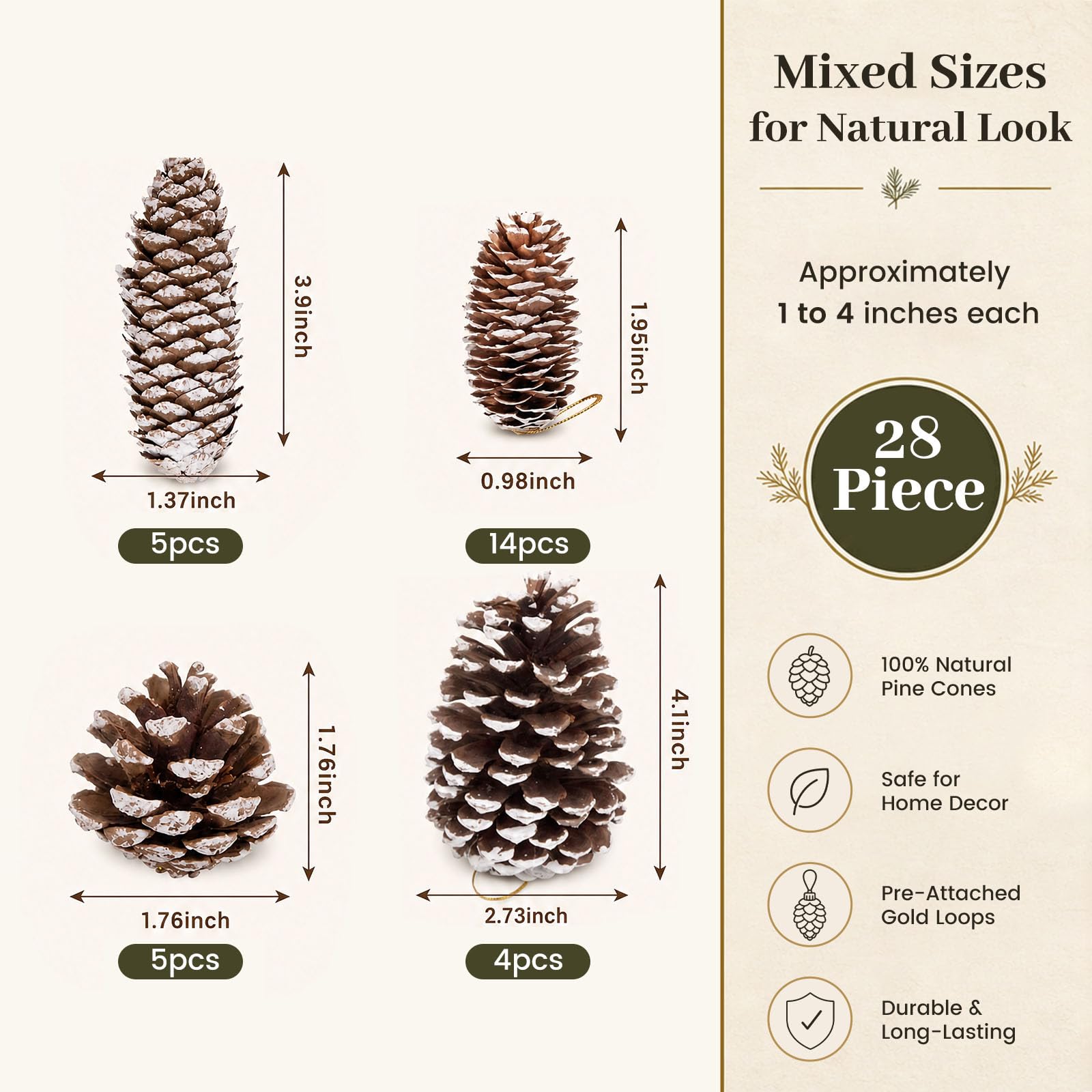 JOHOUSE Piñas de pino natural con nieve, 28 piñas de Navidad con cuerdas, surtido de piñas rústicas para decorar Navidad, otoño e invierno