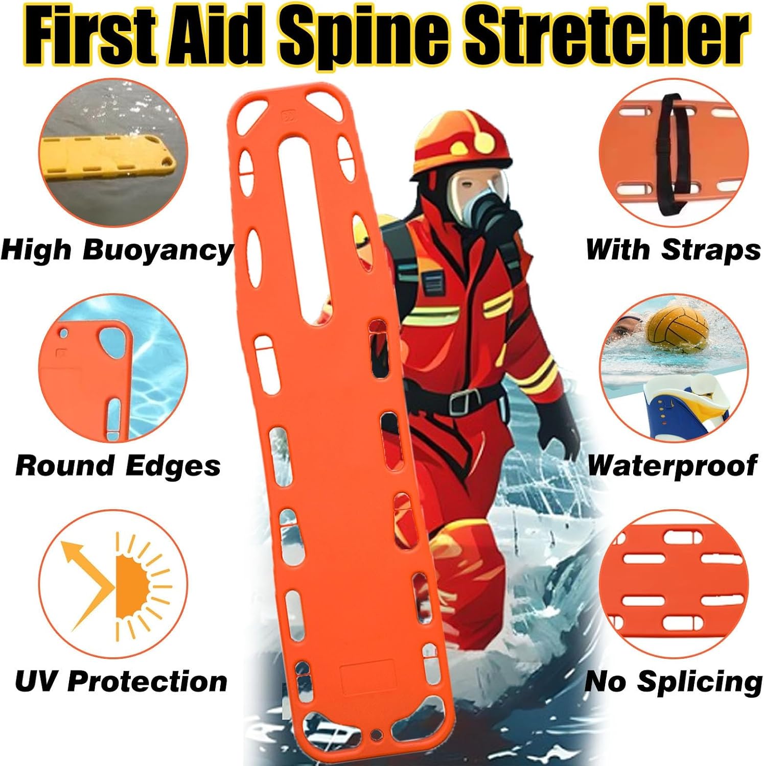 Lightweight Water Rescue Stretchers for EMS & First Responders - Buoyant Full-Body Gurney with Head & Backboard Immobilizer for Emergency Assistance