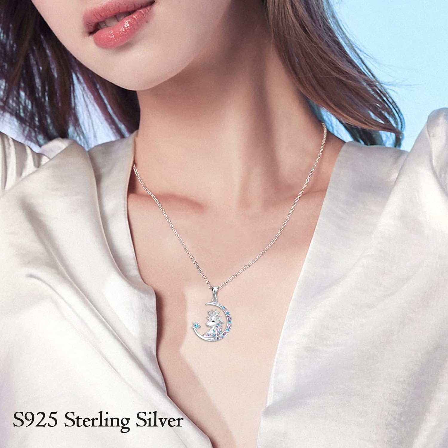 Unicorns Gifts for Girls Necklace: 925 Sterling Silver Crescent Moon Star Unicorn Necklace Cubic Zirconia Unicorn Little Girl Jewelry for Teen Girls & Women Dainty 18" Chain, Colorful - Image 2