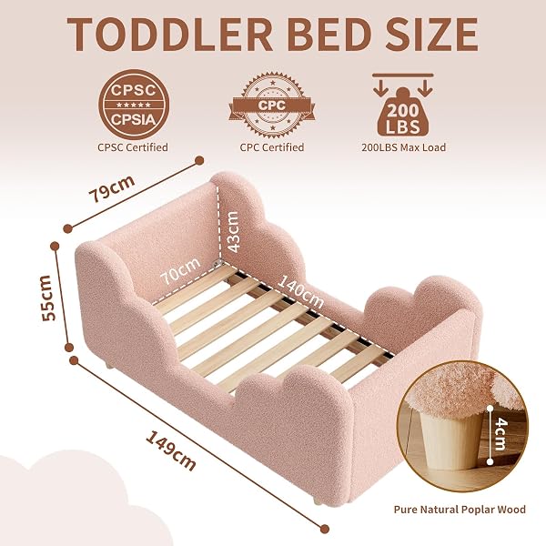 Toddler Bed, 140x70cm Soft Padded Kids Bed with Cloud-Shaped Safety Guardrails, Low Bed Frame for Girls Boys Children, Cot to Bed Transition (Mattress NOT Included) - 3