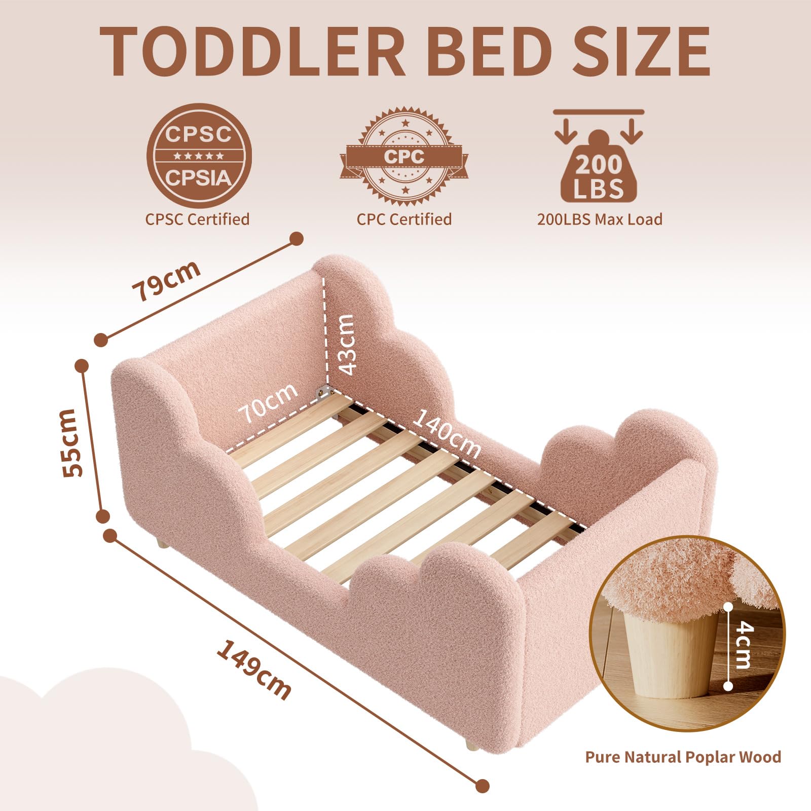 Toddler Bed, 140x70cm Soft Padded Kids Bed with Cloud-Shaped Safety Guardrails, Low Bed Frame for Girls Boys Children, Cot to Bed Transition (Mattress NOT Included) — view 3
