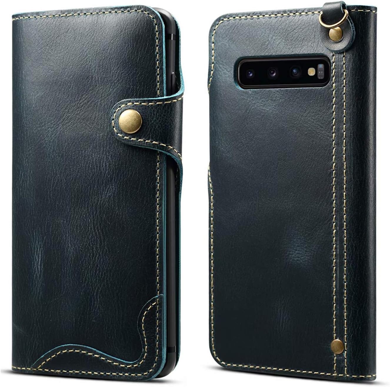 Genuine Leather Wallet Case for Samsung Galaxy S10 Plus,Classic Oil Wax Pattern Real Leather Button Card Slot Flip Stand Case Cover with Lanyard Blue