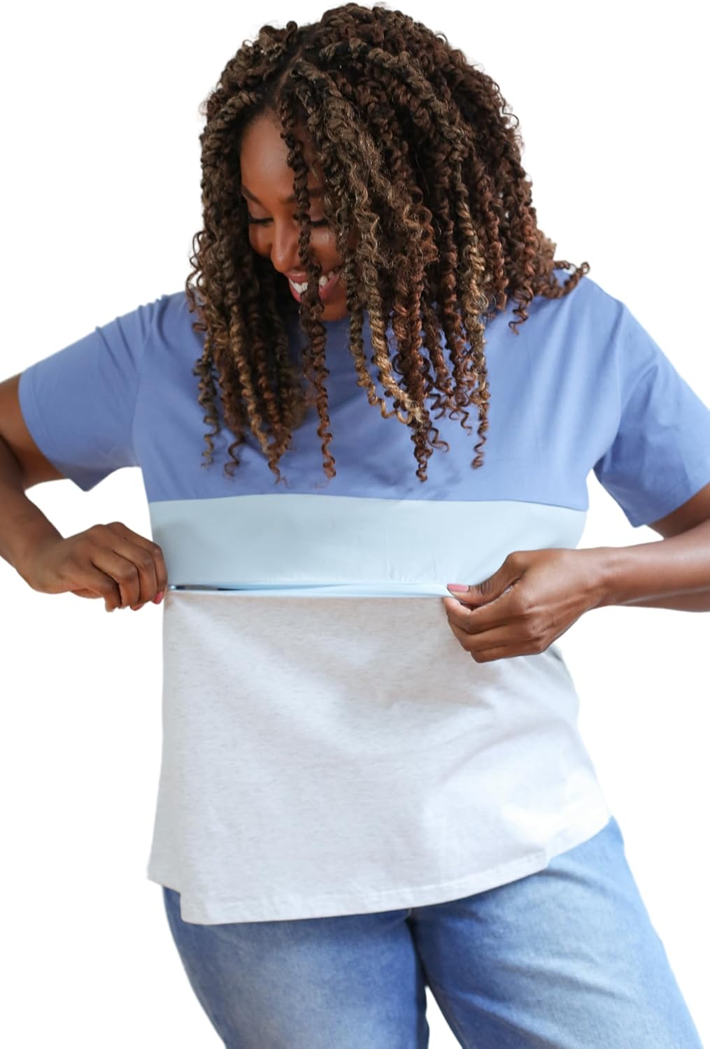 Movemama Nursing T-Shirt with Invisible Zipper, Soft and Comfortable Colorblock Breastfeeding Top