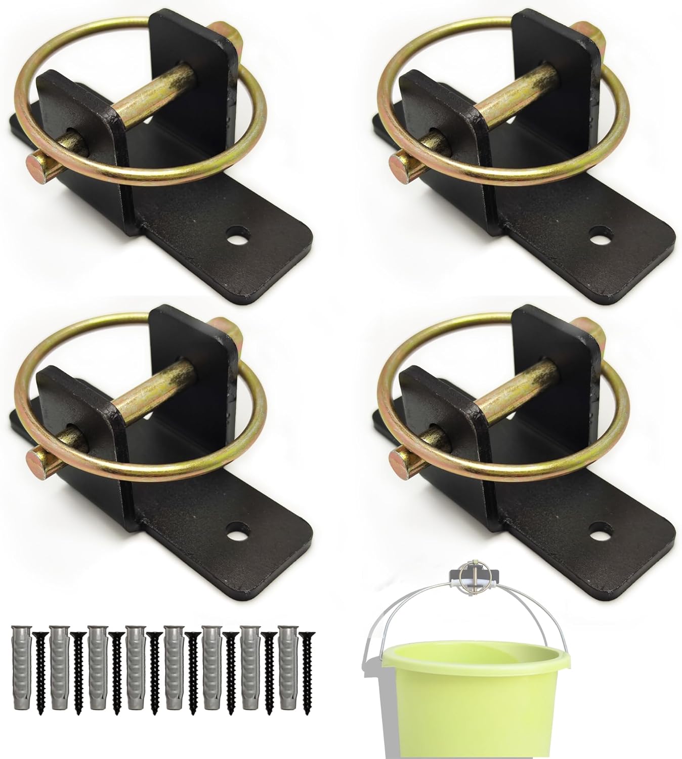 4 Pack Quick-Release Bucket Hooks, Heavy Duty Steel Bucket Holder Set for Horse Stalls, Barns & Livestock Feeding — Durable Wall-Mount Stable Accessories