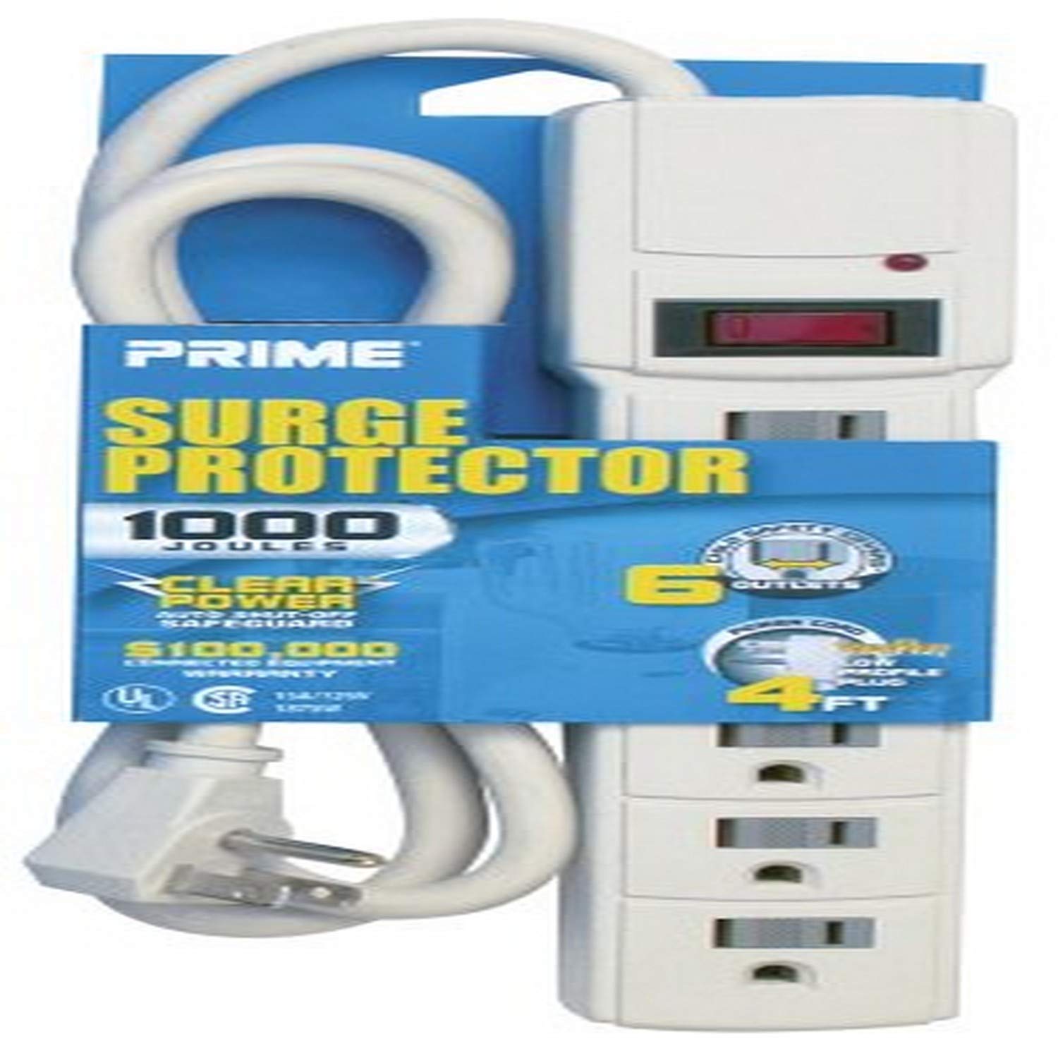 Prime PB002125 4-Feet Cord 6-Outlet 1000-Joule Surge Protector Auto-Shutdown Low Profile Snug Plug and Outlet Safety Covers, White