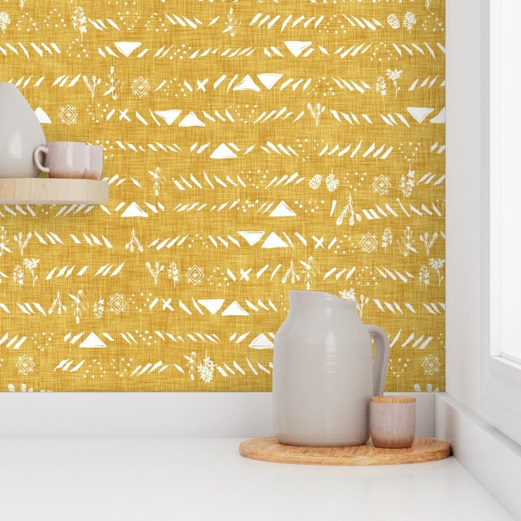 Peel & Stick Wallpaper 9ft x 2ft - Mustard Yellow Geometric Abstract Triangle Boho Custom Removable Wallpaper by Spoonflower