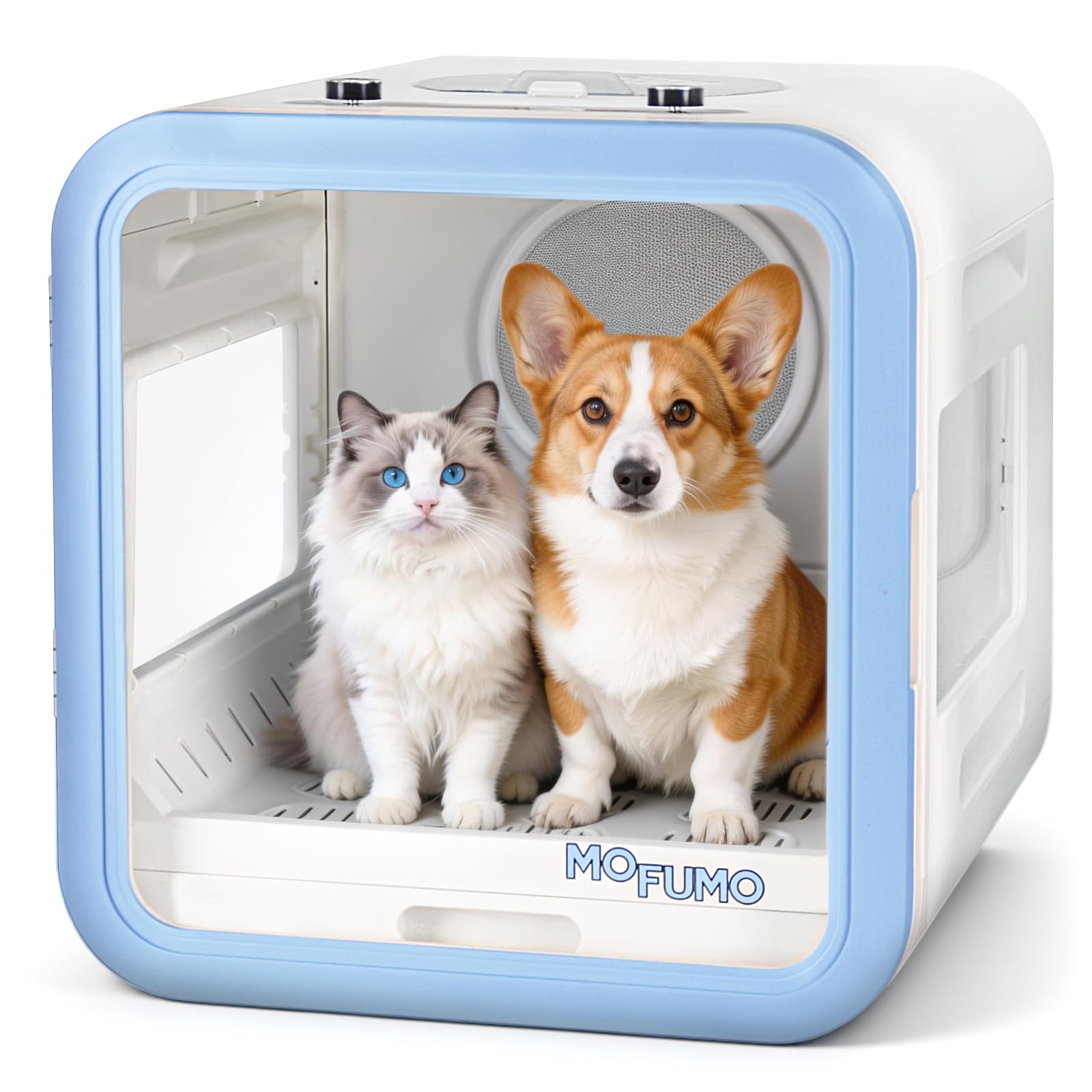 MOFUMO ペットドライルーム 75L 小型犬 猫用 乾燥機 スマート ペットドライヤーボックス ドライヤーハウス 360°立体温風 35dB静音設計 風量調節 温度/時間ダイヤル調節 自動速乾 自動集毛 過熱保護 エアシャワー対応 お手入れ簡単 PSE認証済 (ホワイト/ブルー, 75L)