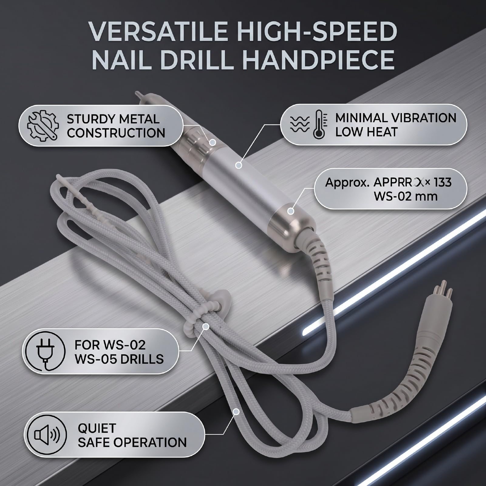 Pongnas Elektrischer Nagelfeilengriff, 133 X 20 Mm, Metall-Nagelbohrhandstück, Passend für WS-02, WS-05, mit Minimaler Vibration Zum Formen, Polieren, Nagelhautarbeiten