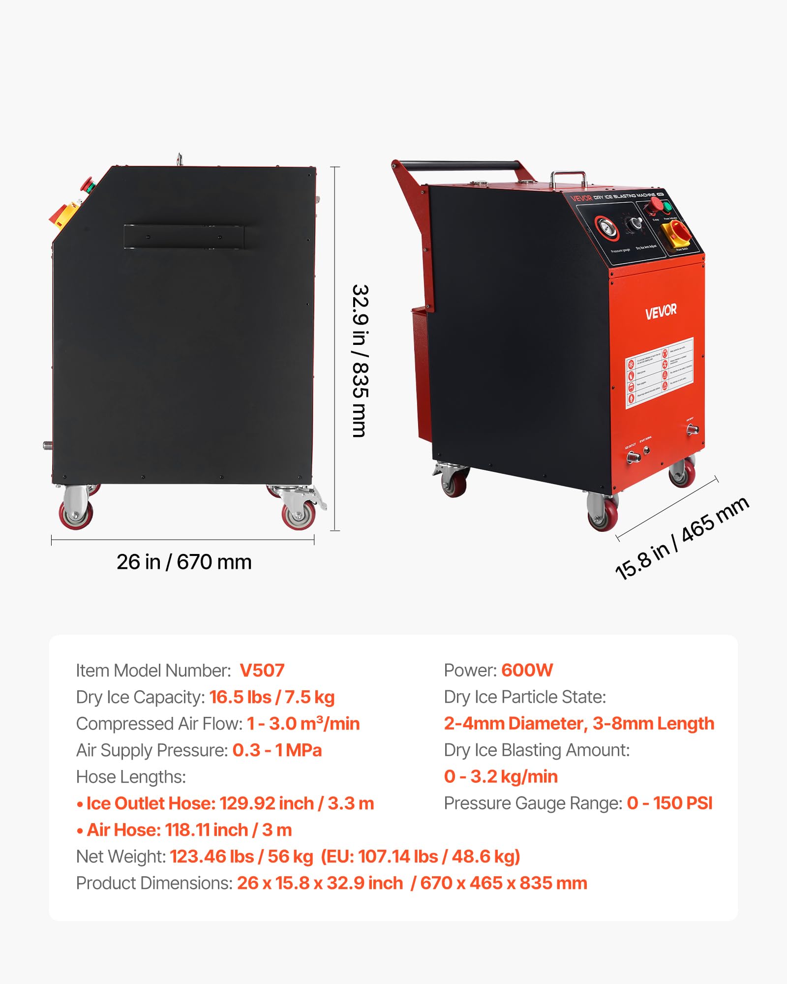 VEVOR Máquina de Limpieza con Hielo Seco, Capacidad de 7,5 kg, con 4 Boquillas, Presión y Cantidad de Hielo Seco Ajustables, para Aplicaciones Automotrices, Navales, de Aviación y Químicas, Negro