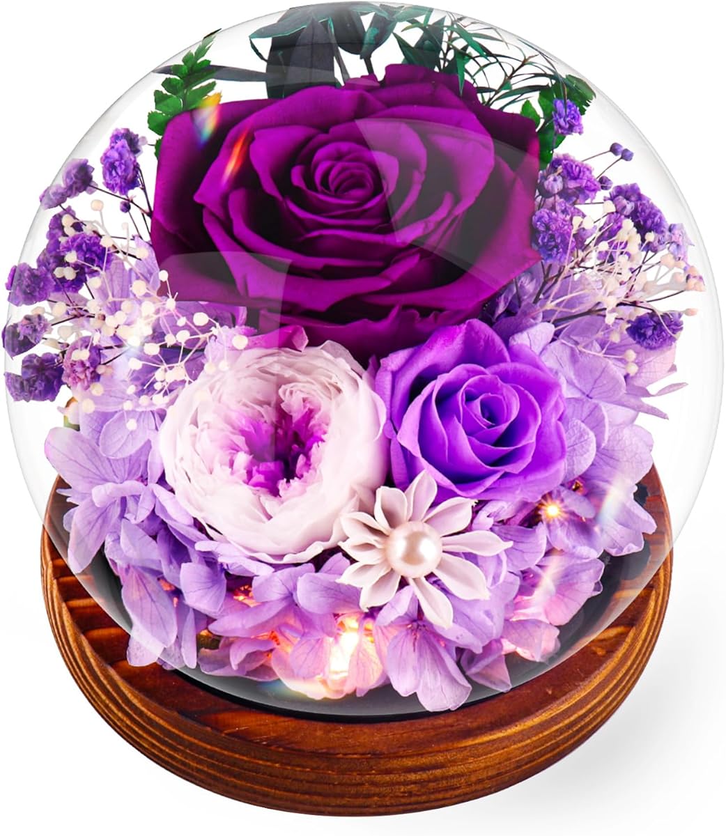 Eternal Rose Under Bell Angel for Women - Gift Mom, Eternal Angel Real Rose, Eternal Flowers Guardian Angels, Real Preserved Rose, Birthday Gift for Mom Grandma, Purple