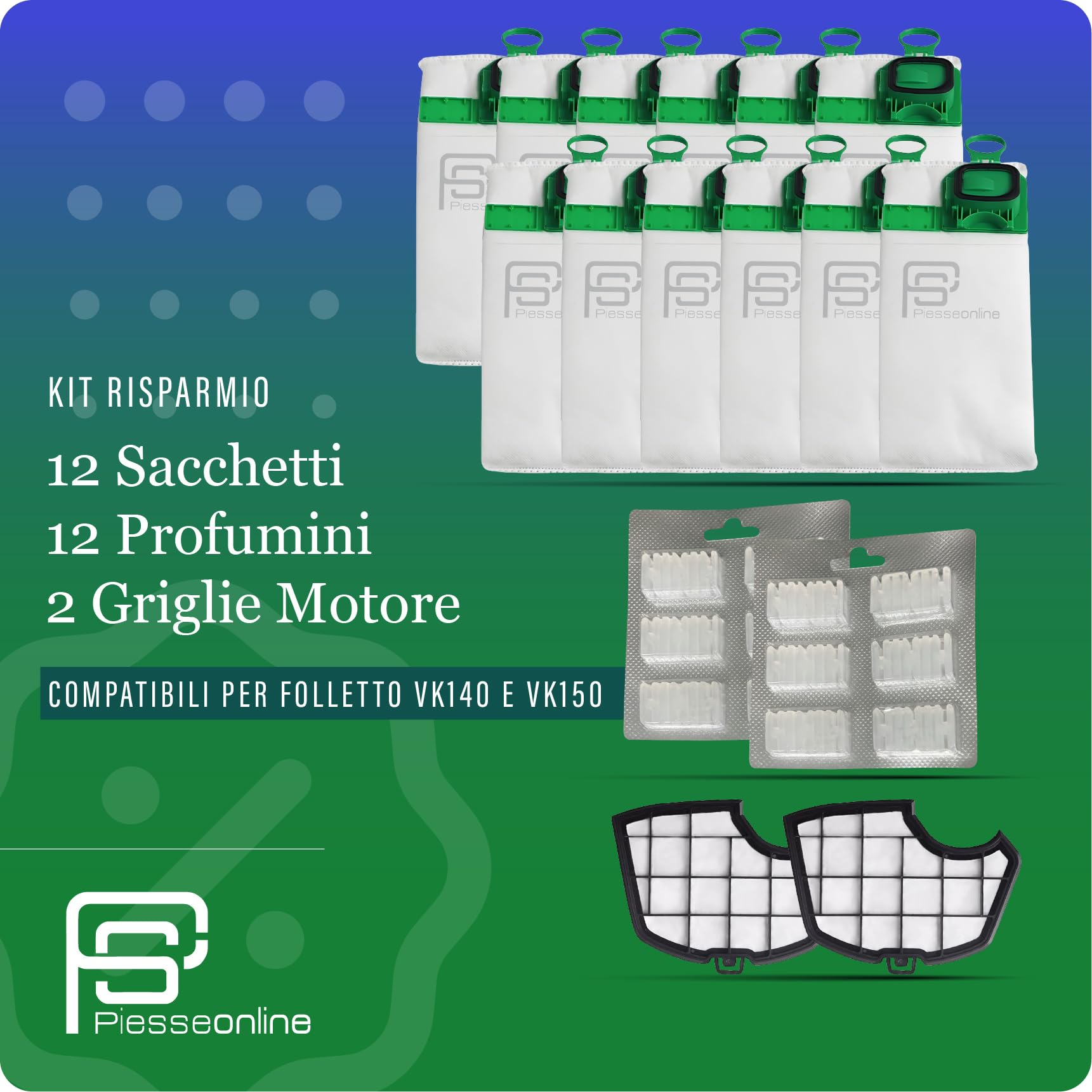 Kit Risparmio 12 Sacchetti Folletto VK140 con Profumatori 12 pezzi, 2 Filtri Griglia Motore, | Ricambi Compatibili per Folletto VK140 | Soluzione Tutto-in-Uno per Casa Sempre Pulita e Ordinata