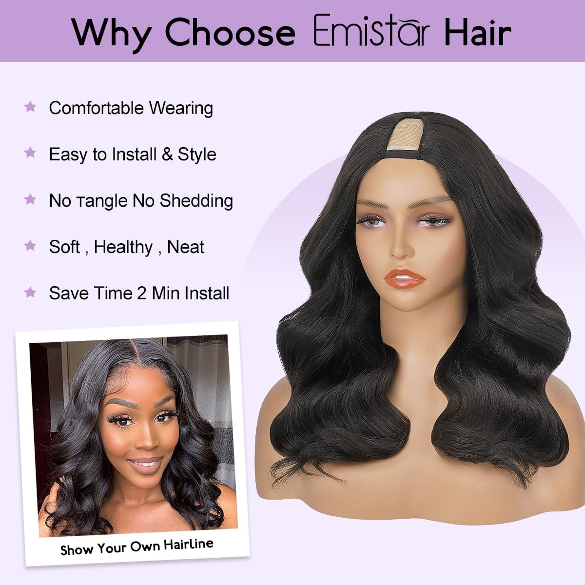 Long Wavy V Part Wigs For Black Women, 20 Inch Wear&Go Upgrade U Part Wig, Glueless Half Wig Heat Resistant Synthetic Hair Soft As Human Hair Natural Black