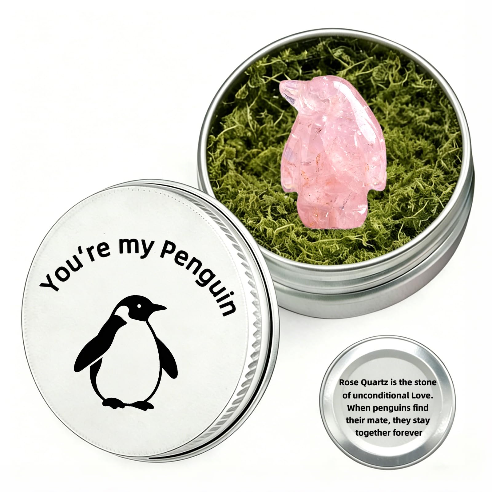 Rose Quartz Crystal Penguin Pocket Hug Gift in a Tin - 'You're My Penguin' Love Keepsake, Healing Crystal Figurine for Romantic Gifts for Him Her, Anniversary, Birthday Gift for Husband and Boyfriend