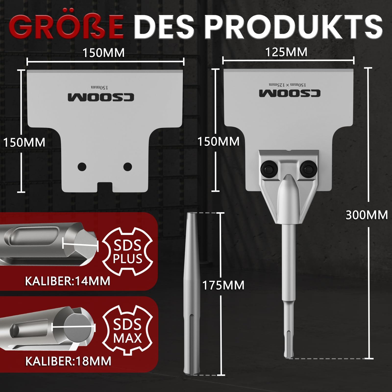 CSOOM SDS-Plus Kit de burins 300 x 125 mm avec lames de rechange et tiges de rechange, spatule de sol pour extraire les colles, tapis, linoléum, colle pour carrelage, carrelage en PVC et peinture
