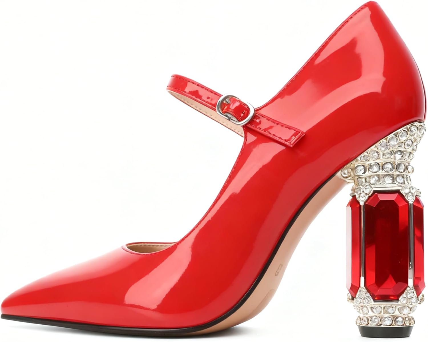 YODEKS Women Mary Jane Crystal Pumps Block Chunky High Heels with Rhinestones Pointed Toe 4 Inch Adjustable Strap