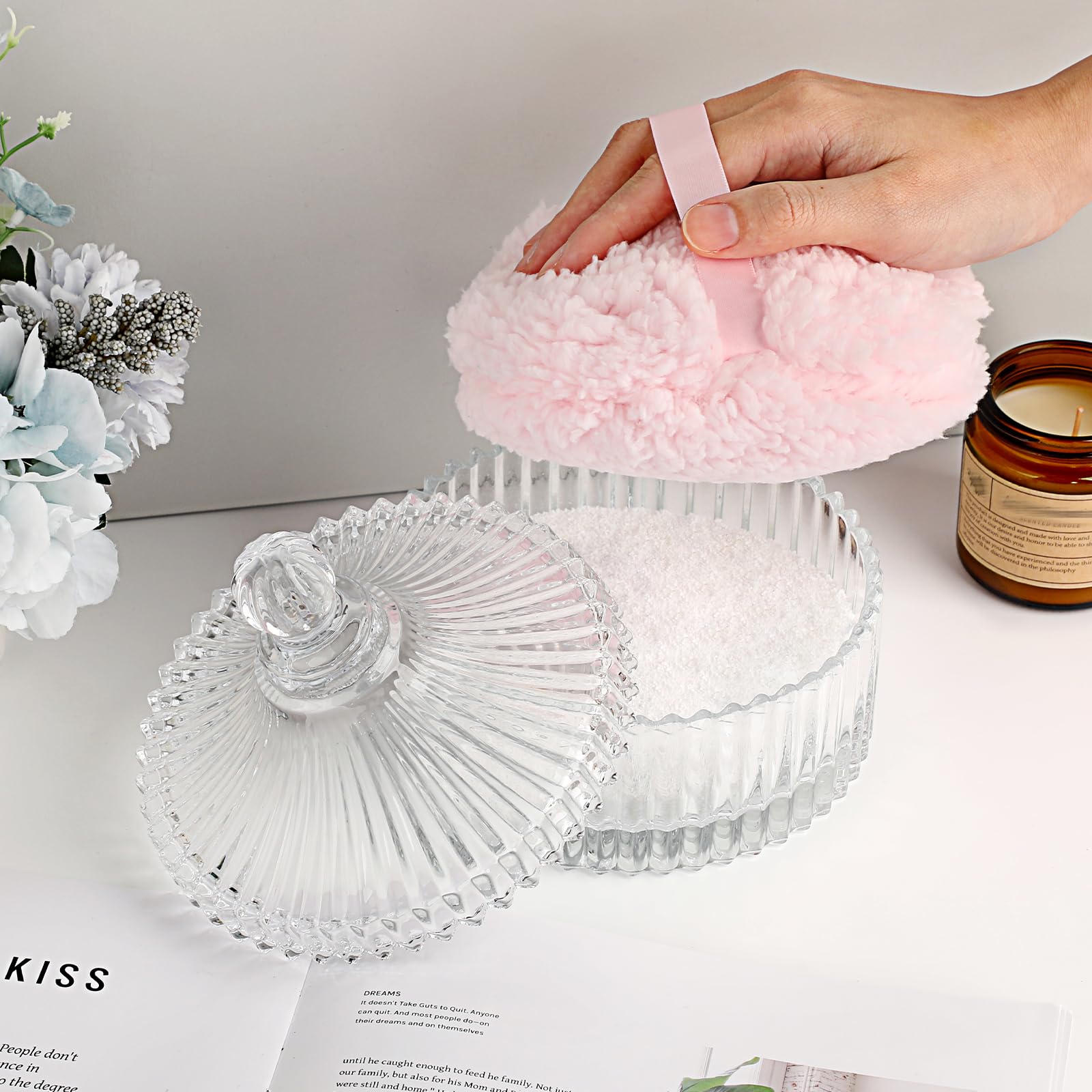 Körper Puderdose mit Quaste Babypuder Box Transparent Glas Dose mit Rosa Puderquaste Yurt-Form Behälter für Körperpuder, Loses Puder, Talkumpuder Damen Geschenk Durchmesser 14,5 cm, Kein Puder