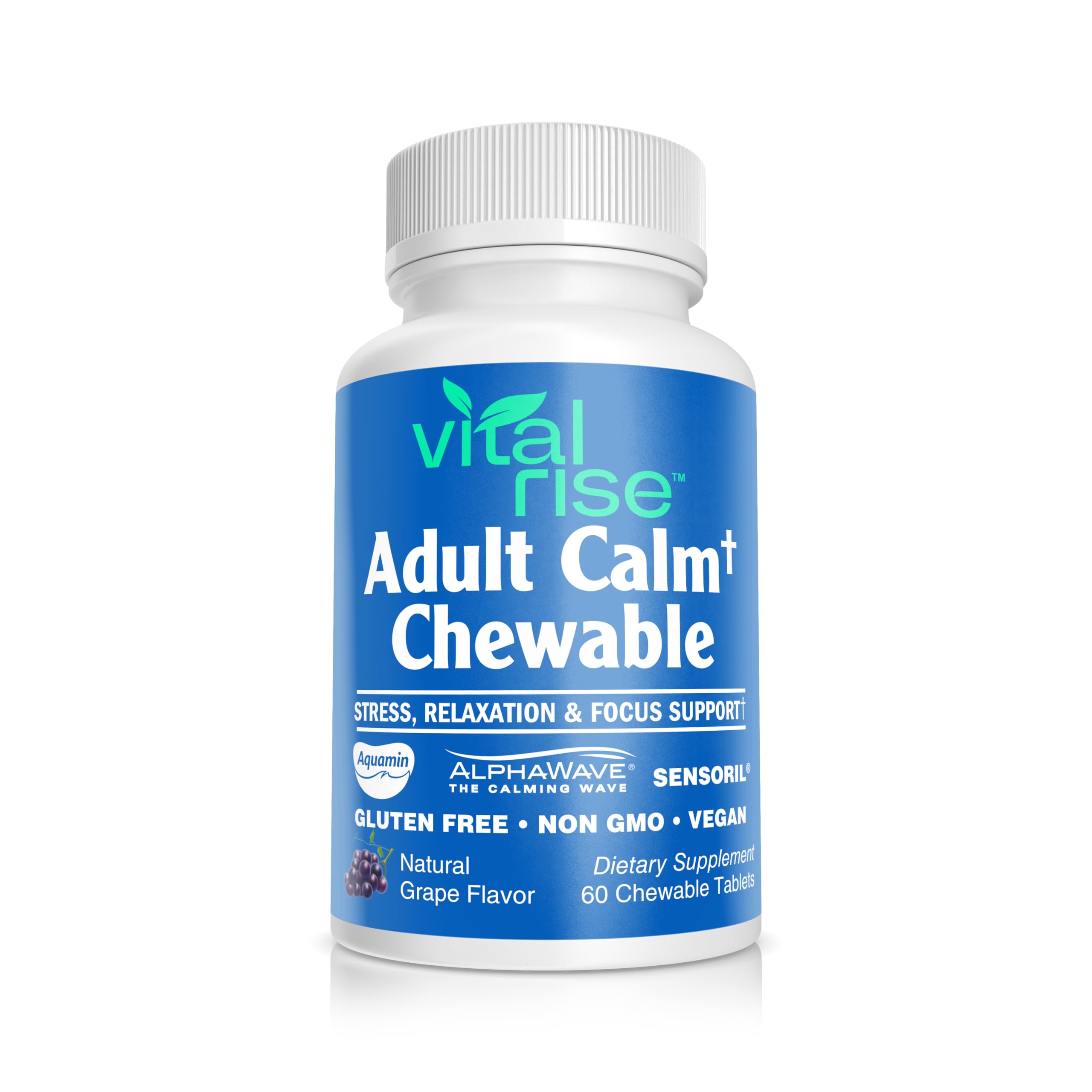 Adult Calm Magnesium Chewables – Magnesium, Ashwagandha & L-Theanine Supplement for Stress, Mood & Relaxation, High Absorption, Non-GMO, Grape Flavor (60 Chewables)