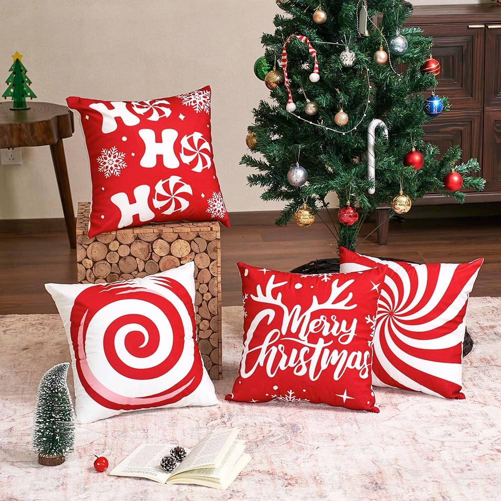 JOJOGOGO Red Candy Cane Christmas Decorations Throw Pillow Covers 18x18 Set of 4, 18 x 18 Snowflakes Christmas Winter Holiday Pillow Covers for Bed Sofa Couch and Farmhouse Indoor Xmas Decor Pillows